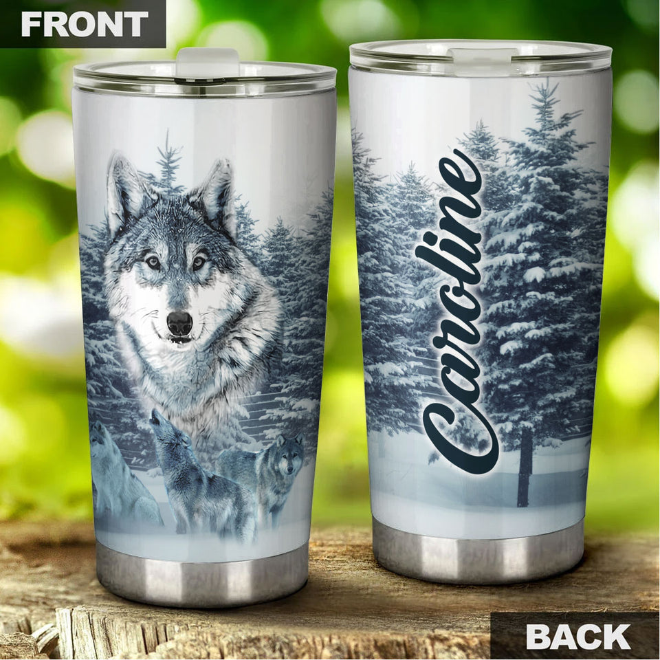 Camellia Persionalized 3D Wolf In Forest Stainless Steel Tumbler - Customized Double - Walled Insulation Travel Thermal Cup With Lid Gift For Wolf Lover
