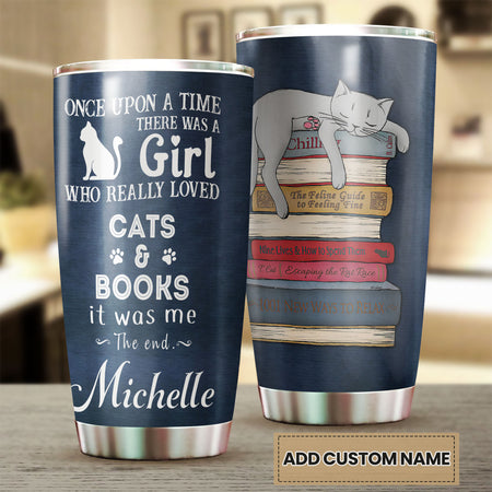 Camellia Personalized Sleeping Cat Once Upon A Time There Was A Girl Who Really Loved Book And Cat Stainless Steel Tumbler - Double-Walled Insulation Vacumm Flask - Gift For Book Lovers, Nerd, Cat Lovers