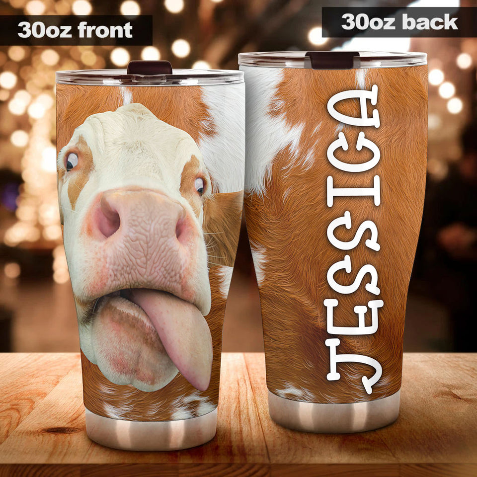 Camellia Personalized 3D Funny Cow Stainless Steel Tumbler - Customized Double-Walled Insulation Travel Thermal Cup With Lid