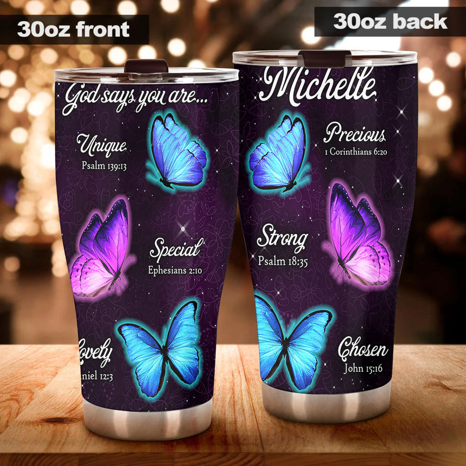 Camellia Personalized Butterfly God Says You Are Unique Stainless Steel Tumbler - Double-Walled Insulation Vacumm Flask - For Thanksgiving, Memorial Day, Christians, Christmas Gift