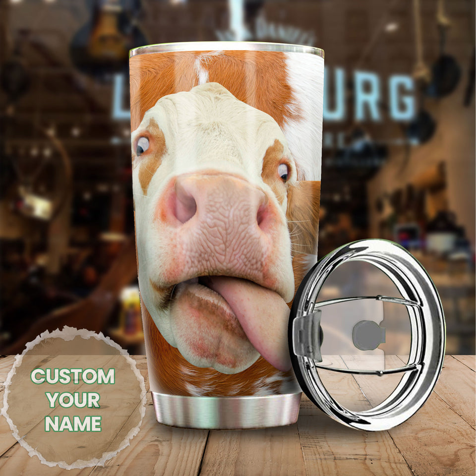Camellia Personalized 3D Funny Cow Stainless Steel Tumbler - Customized Double-Walled Insulation Travel Thermal Cup With Lid