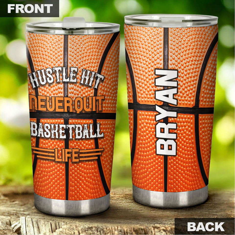 Camellia Persionalized Basketball Hustle Hit Never Quit Stainless Steel Tumbler - Customized Double - Walled Insulation Travel Thermal Cup With Lid Gift For Basketball Player