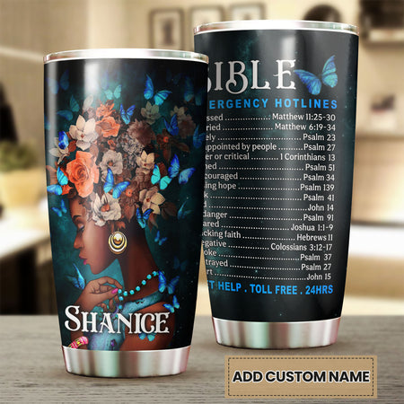 Camellia Personalized Black Women Bible Hotlines Stainless Steel Tumbler - Double-Walled Insulation Vacumm Flask - Gift For Black Queen, International Women's Day, Hippie Girls
