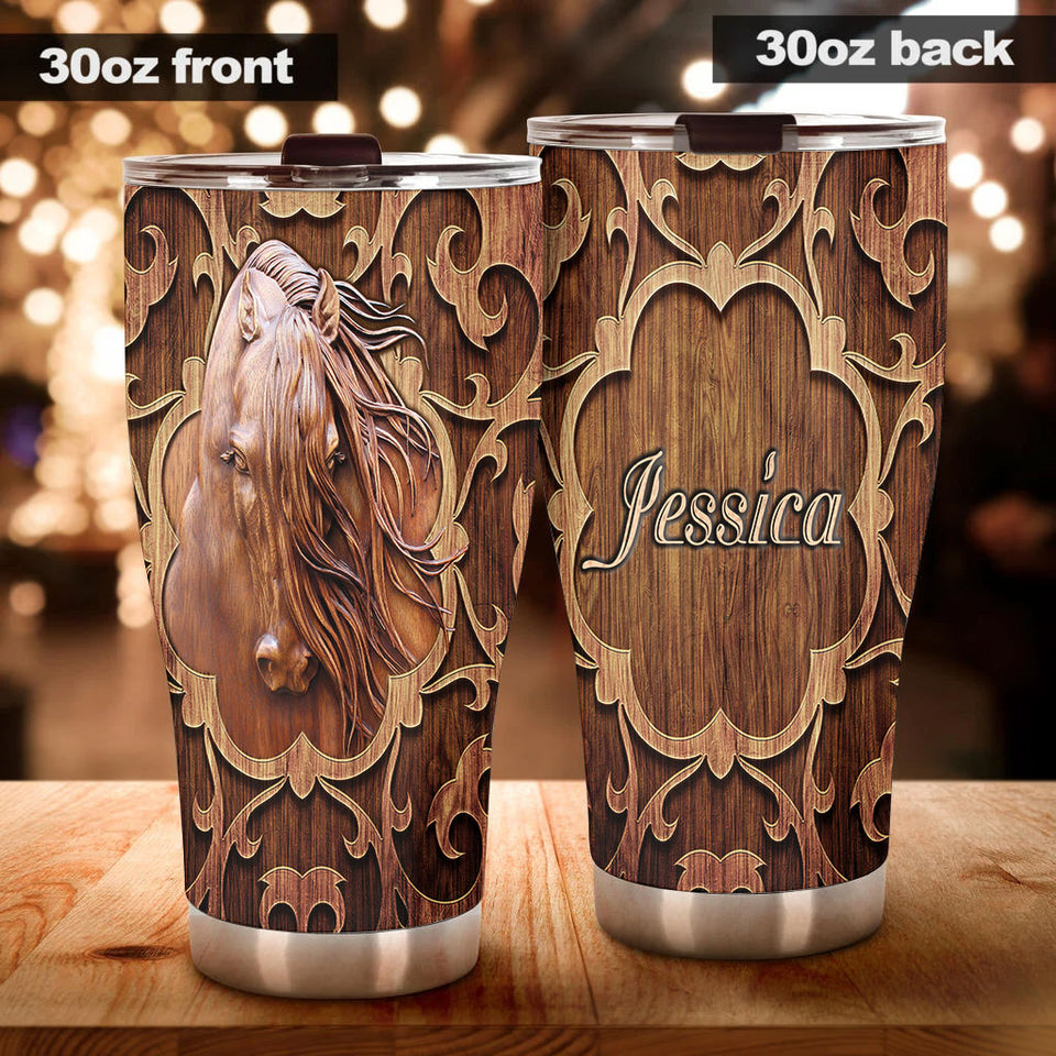 Camellia Personalized Horse Wood Style Stainless Steel Tumbler - Double-Walled Insulation Vacumm Flask - Gift For Horse Lovers, Cowgirls, Cowboys, Perfect Christmas, Thanksgiving Gift