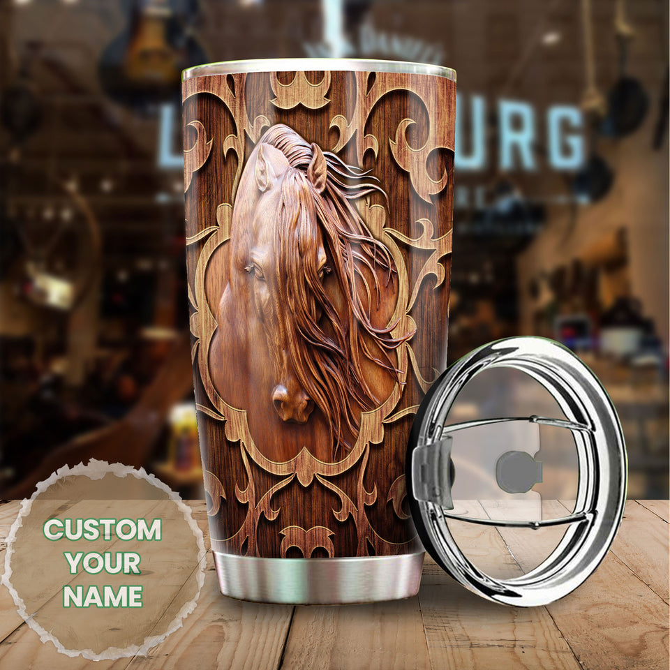 Camellia Personalized Horse Wood Style Stainless Steel Tumbler - Double-Walled Insulation Vacumm Flask - Gift For Horse Lovers, Cowgirls, Cowboys, Perfect Christmas, Thanksgiving Gift