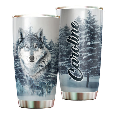 Camellia Persionalized 3D Wolf In Forest Stainless Steel Tumbler - Customized Double - Walled Insulation Travel Thermal Cup With Lid Gift For Wolf Lover