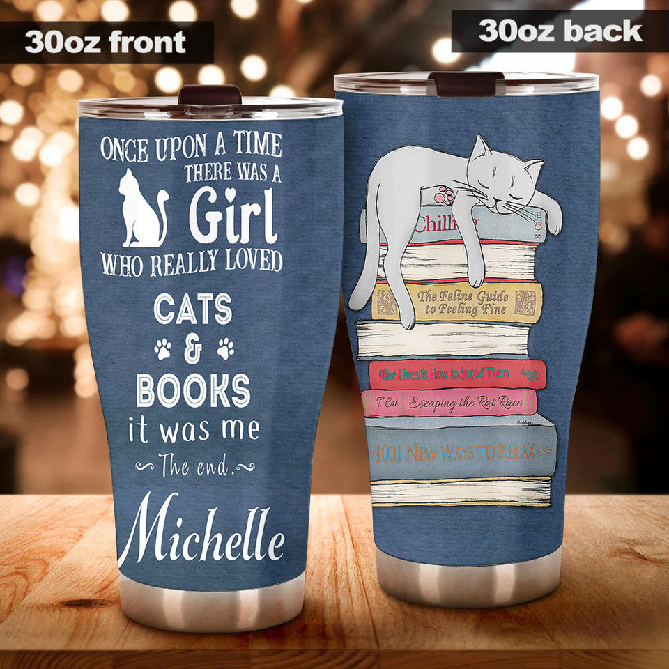 Camellia Personalized Sleeping Cat Once Upon A Time There Was A Girl Who Really Loved Book And Cat Stainless Steel Tumbler - Double-Walled Insulation Vacumm Flask - Gift For Book Lovers, Nerd, Cat Lovers