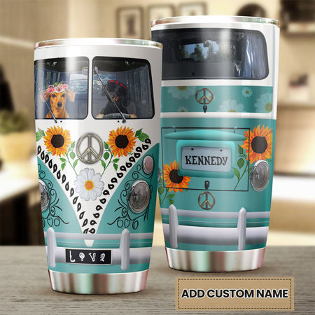 Camellia Personalized 3D Dachshund Hippie Van Stainless Steel Tumbler - Customized Double-Walled Insulation Travel Thermal Cup With Lid Gift For Dog Mom