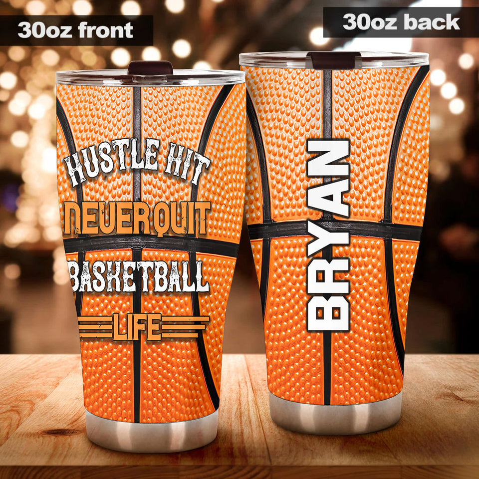Camellia Persionalized Basketball Hustle Hit Never Quit Stainless Steel Tumbler - Customized Double - Walled Insulation Travel Thermal Cup With Lid Gift For Basketball Player
