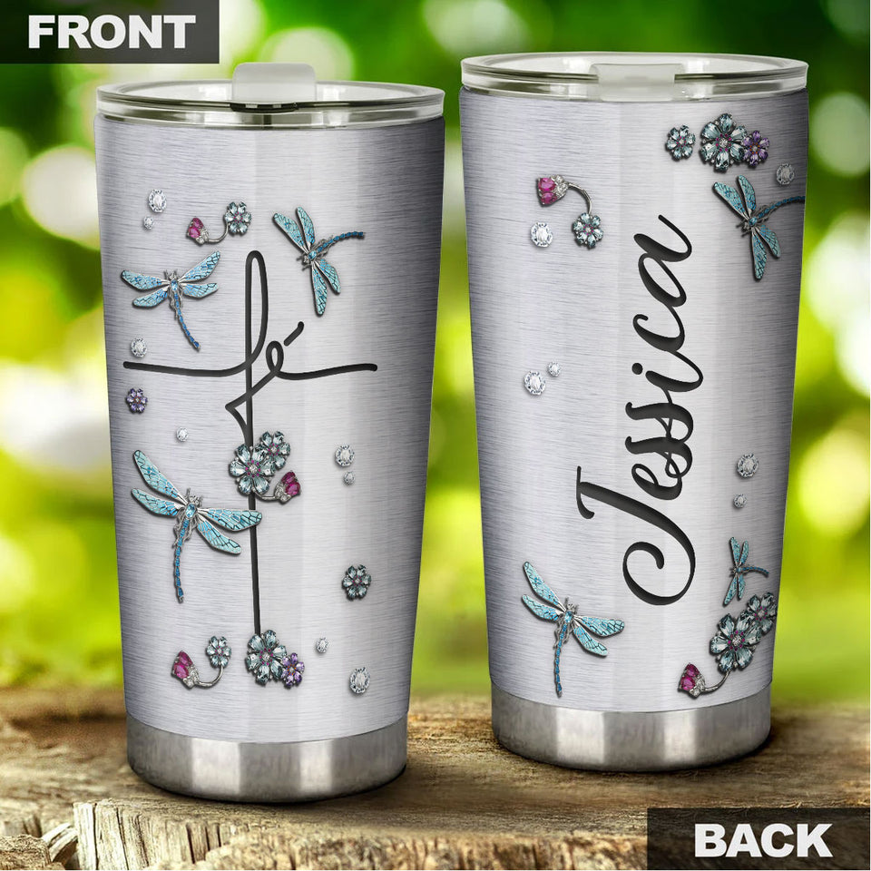 Camellia Personalized  Dragonfly Jewelry Style Stainless Steel Tumbler - Customized Double-Walled Insulation Travel Thermal Cup With Lid Gift For Dragonfly Lover