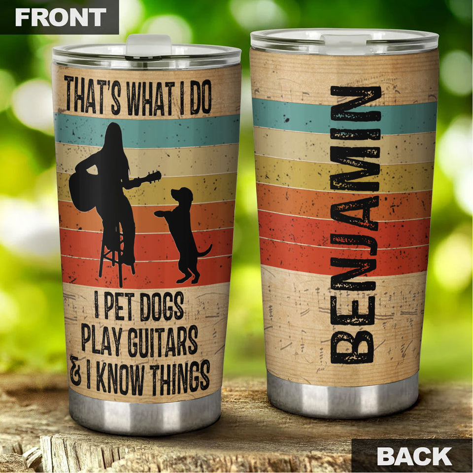 Camellia Personalized 3D Vintage Woman Pets Dogs Play Guitar And Know Things Stainless Steel Tumbler - Customized Double-Walled Insulation Travel Thermal Cup With Lid Gift For Guitarist
