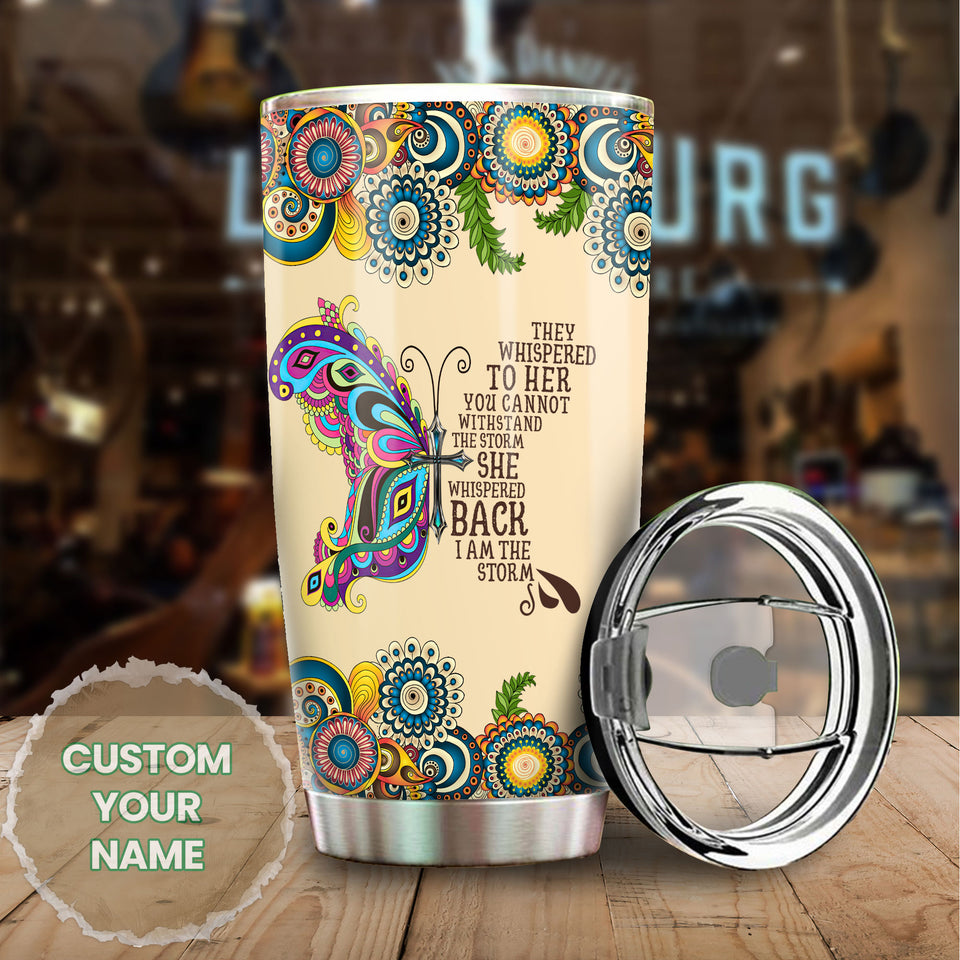 Camellia Personalized Butterfly Faith She Whispered I'm The Storm Stainless Steel Tumbler - Double-Walled Insulation Vacumm Flask - For Thanksgiving, Memorial Day, Christians, Christmas Gift