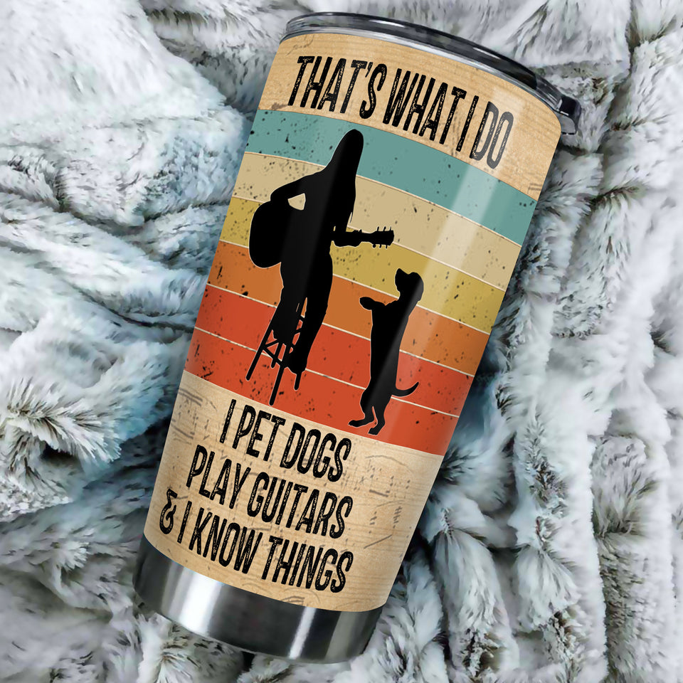 Camellia Personalized 3D Vintage Woman Pets Dogs Play Guitar And Know Things Stainless Steel Tumbler - Customized Double-Walled Insulation Travel Thermal Cup With Lid Gift For Guitarist
