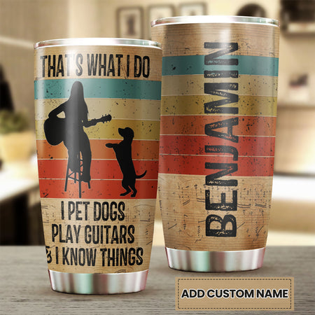 Camellia Personalized 3D Vintage Woman Pets Dogs Play Guitar And Know Things Stainless Steel Tumbler - Customized Double-Walled Insulation Travel Thermal Cup With Lid Gift For Guitarist