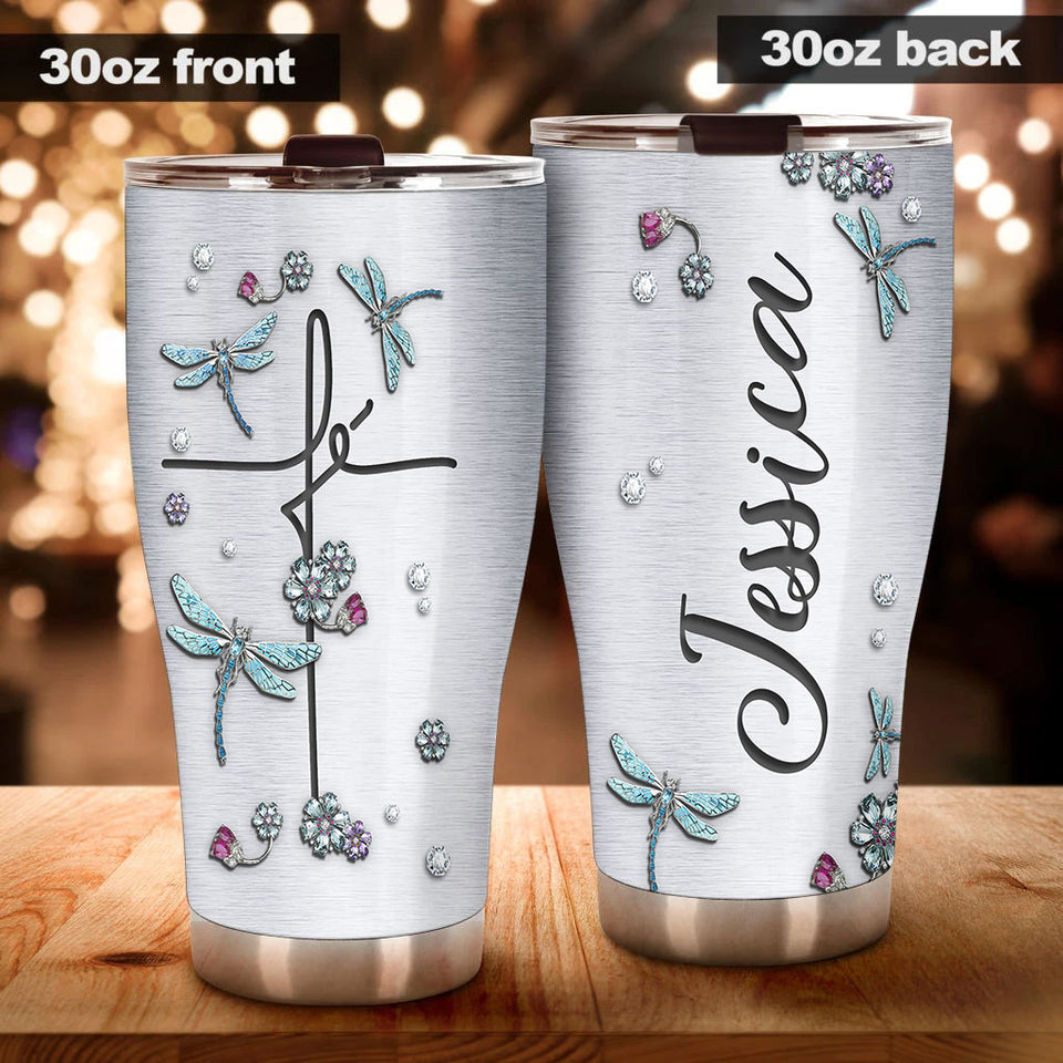 Camellia Personalized  Dragonfly Jewelry Style Stainless Steel Tumbler - Customized Double-Walled Insulation Travel Thermal Cup With Lid Gift For Dragonfly Lover