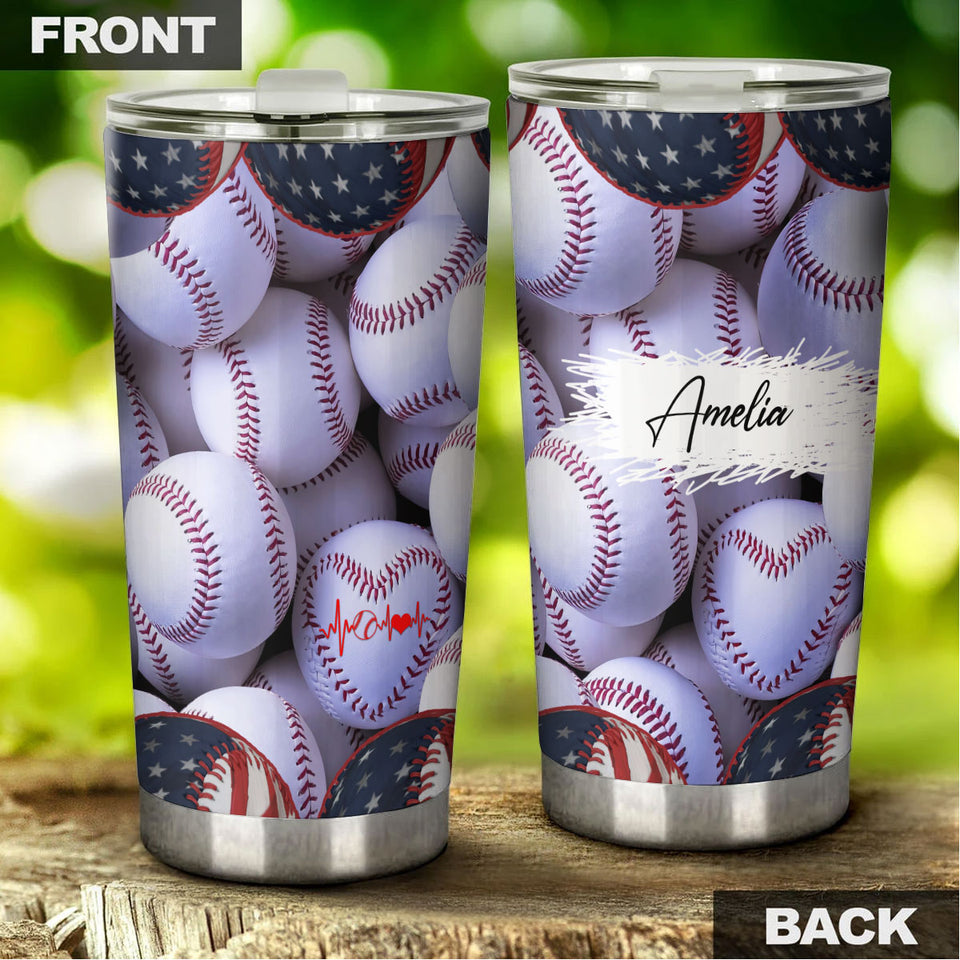Camellia Persionalized Baseball Stainless Steel Tumbler - Customized Double - Walled Insulation Travel Thermal Cup With Lid