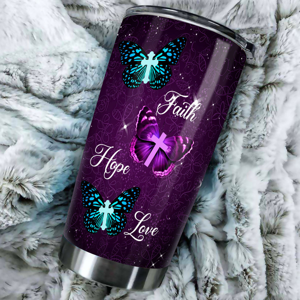 Camellia Personalized Butterfly Faith Hope Love Glory Cross Christian Stainless Steel Tumbler - Double-Walled Insulation Vacumm Flask - For Thanksgiving, Memorial Day, Christians, Christmas Gif