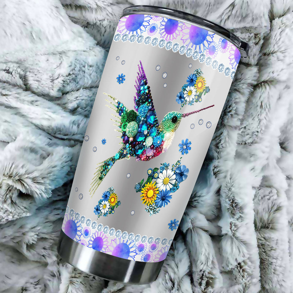 Camellia Personalized Hummingbird And Flower Jewerly Style Stainless Steel Tumbler-Double-Walled Insulation Travel Cup With Lid01
