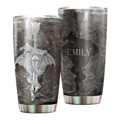 Camellia Personalized Silver Dragon Stainless Steel Tumbler - Customized Double-Walled Insulation Travel Thermal Cup With Lid Gift For Dragon Lover