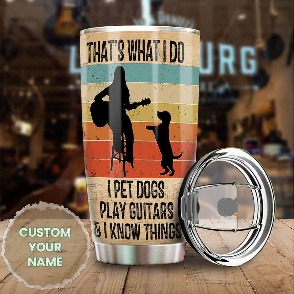Camellia Personalized 3D Vintage Woman Pets Dogs Play Guitar And Know Things Stainless Steel Tumbler - Customized Double-Walled Insulation Travel Thermal Cup With Lid Gift For Guitarist