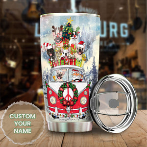 Camellia Personalized Christmas Bulldog Red Truck Stainless Steel Tumbler - Customized Double-Walled Insulation Travel Thermal Cup With Lid