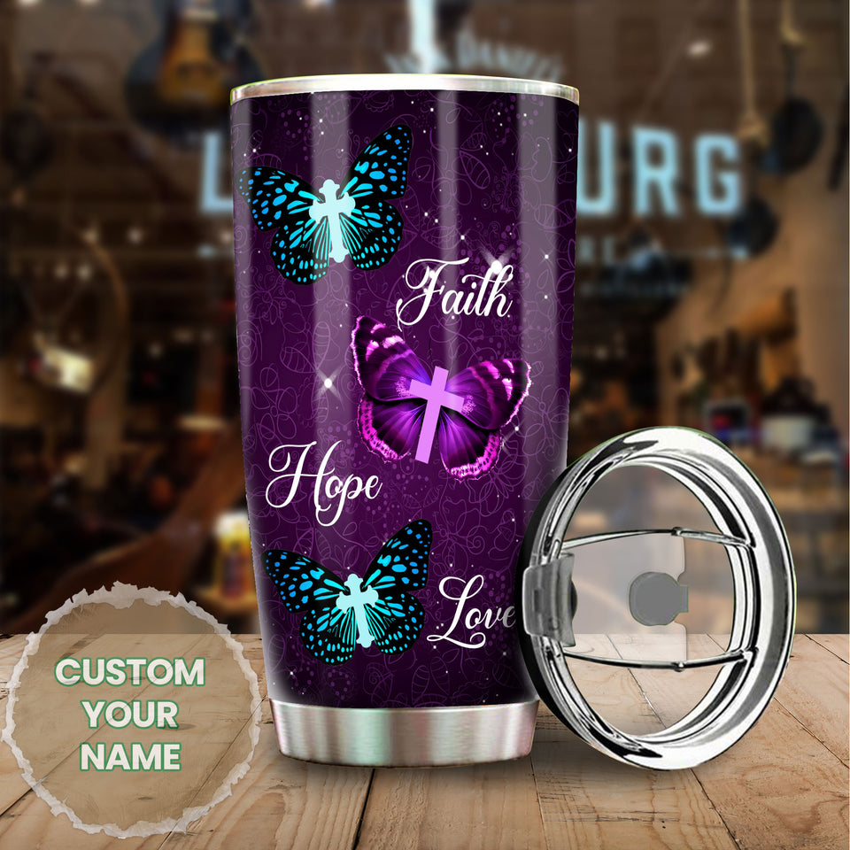 Camellia Personalized Butterfly Faith Hope Love Glory Cross Christian Stainless Steel Tumbler - Double-Walled Insulation Vacumm Flask - For Thanksgiving, Memorial Day, Christians, Christmas Gif