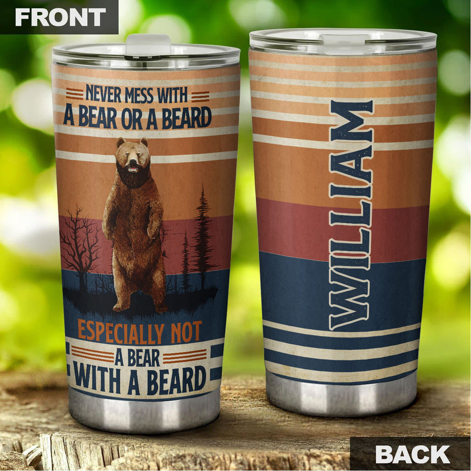 Camellia Persionalized 3D Never Mess With A Bear Or A Beard  Stainless Steel Tumbler - Customized Double - Walled Insulation Travel Thermal Cup With Lid