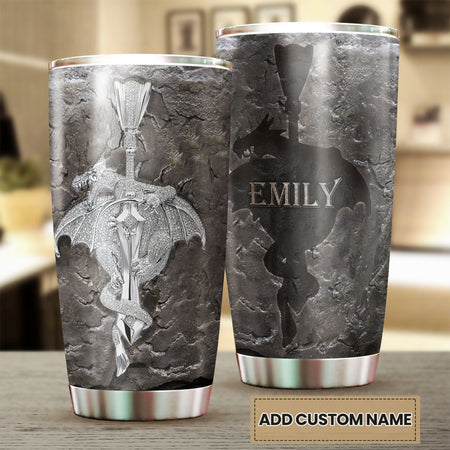 Camellia Personalized Silver Dragon Stainless Steel Tumbler - Customized Double-Walled Insulation Travel Thermal Cup With Lid Gift For Dragon Lover