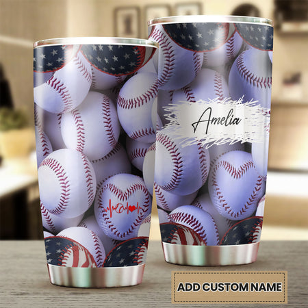 Camellia Persionalized Baseball Stainless Steel Tumbler - Customized Double - Walled Insulation Travel Thermal Cup With Lid