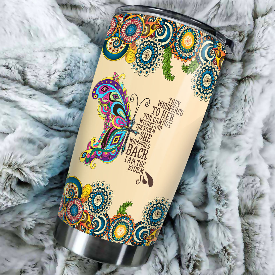 Camellia Personalized Butterfly Faith She Whispered I'm The Storm Stainless Steel Tumbler - Double-Walled Insulation Vacumm Flask - For Thanksgiving, Memorial Day, Christians, Christmas Gift