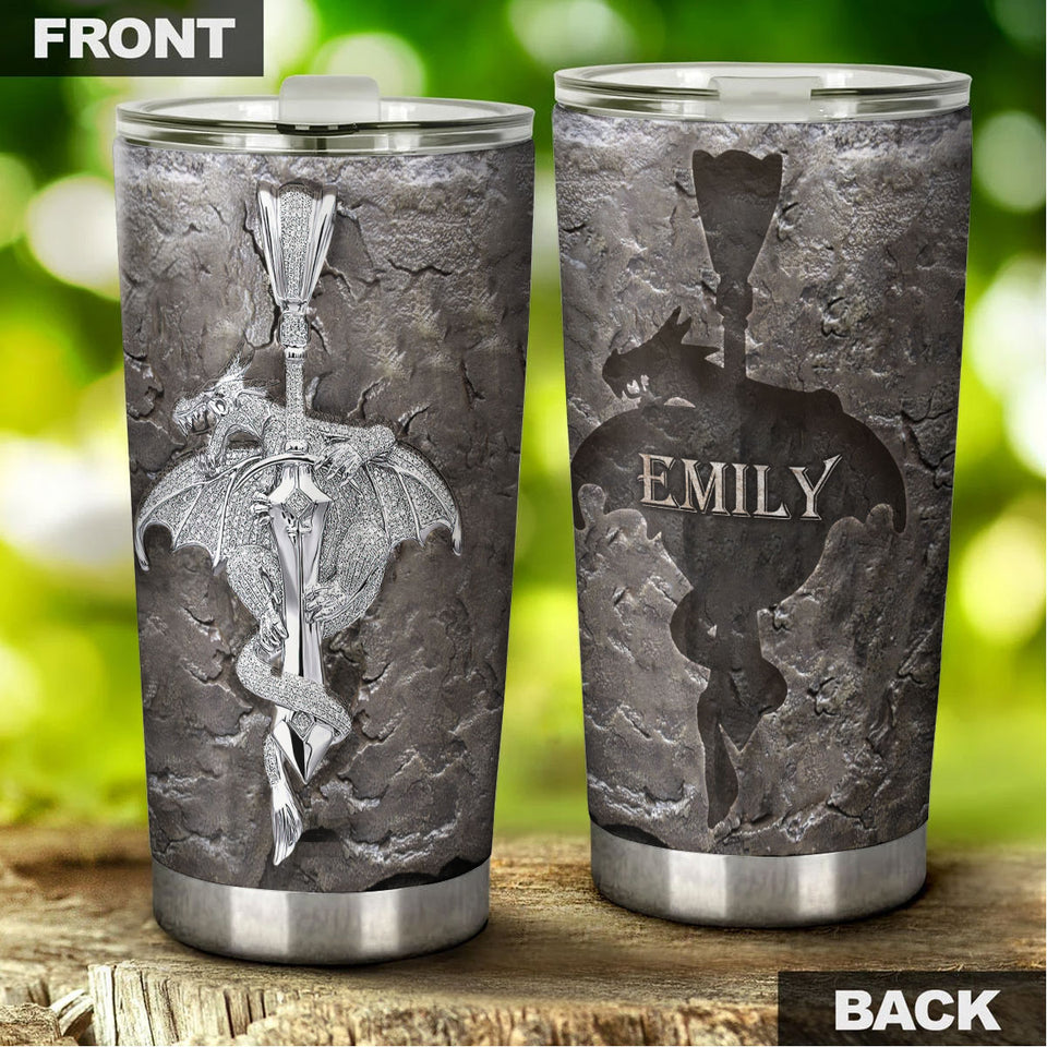 Camellia Personalized Silver Dragon Stainless Steel Tumbler - Customized Double-Walled Insulation Travel Thermal Cup With Lid Gift For Dragon Lover