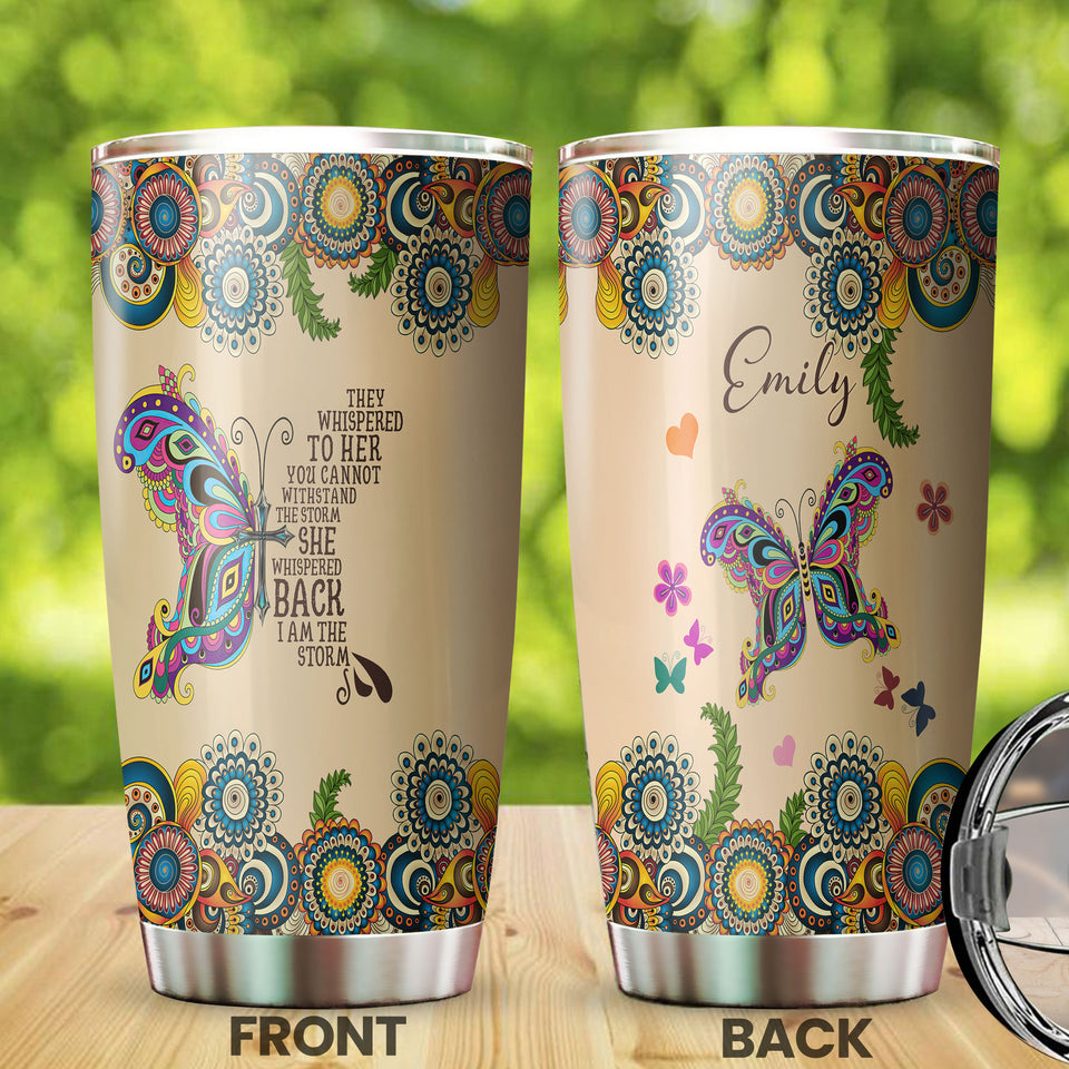 Camellia Personalized Butterfly Faith She Whispered I'm The Storm Stainless Steel Tumbler - Double-Walled Insulation Vacumm Flask - For Thanksgiving, Memorial Day, Christians, Christmas Gift