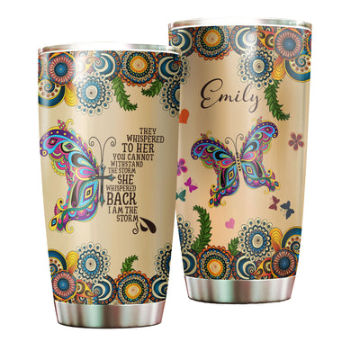Camellia Personalized Butterfly Faith She Whispered I'm The Storm Stainless Steel Tumbler - Double-Walled Insulation Vacumm Flask - For Thanksgiving, Memorial Day, Christians, Christmas Gift