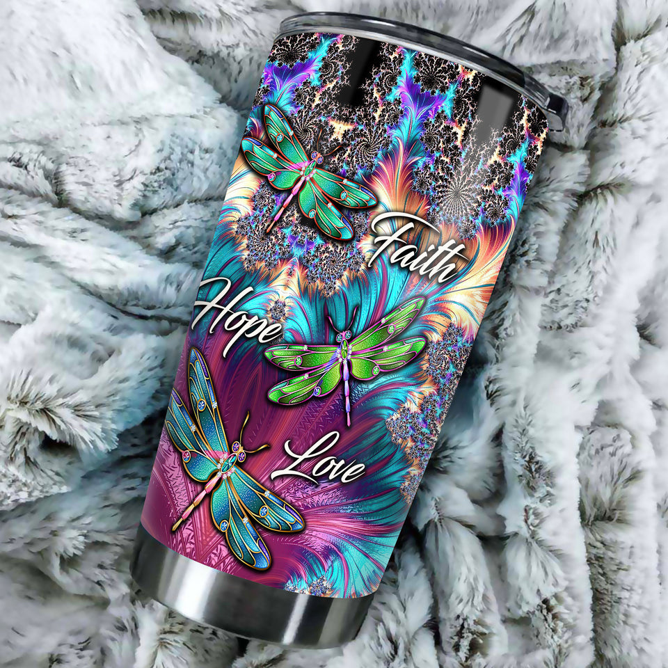Camellia Personalized Dragonfly Faith Hope Love White Stainless Steel Tumbler-Double-Walled Travel Therma Cup With Lid