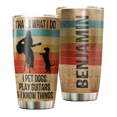 Camellia Personalized 3D Vintage Woman Pets Dogs Play Guitar And Know Things Stainless Steel Tumbler - Customized Double-Walled Insulation Travel Thermal Cup With Lid Gift For Guitarist