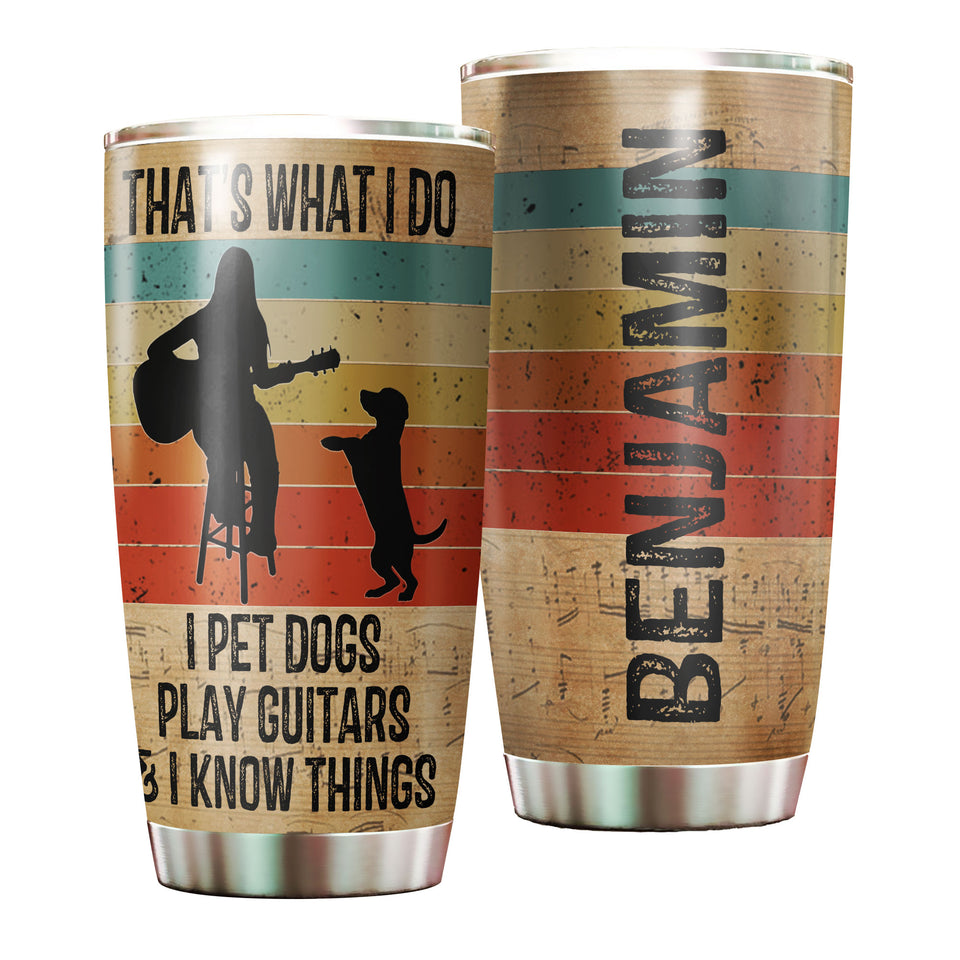 Camellia Personalized 3D Vintage Woman Pets Dogs Play Guitar And Know Things Stainless Steel Tumbler - Customized Double-Walled Insulation Travel Thermal Cup With Lid Gift For Guitarist
