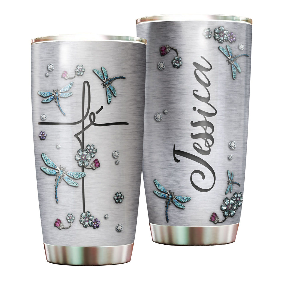 Camellia Personalized  Dragonfly Jewelry Style Stainless Steel Tumbler - Customized Double-Walled Insulation Travel Thermal Cup With Lid Gift For Dragonfly Lover