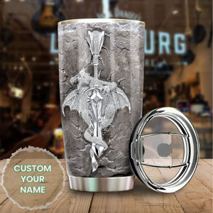 Camellia Personalized Silver Dragon Stainless Steel Tumbler - Customized Double-Walled Insulation Travel Thermal Cup With Lid Gift For Dragon Lover