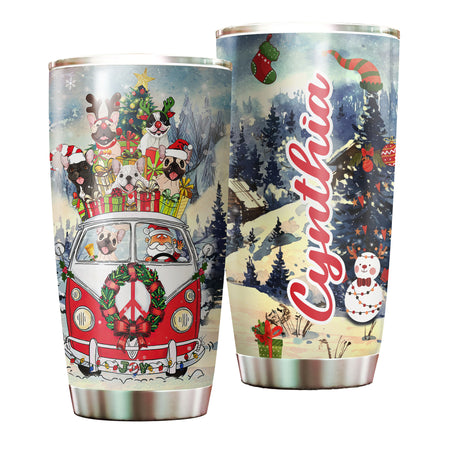 Camellia Personalized Christmas Bulldog Red Truck Stainless Steel Tumbler - Customized Double-Walled Insulation Travel Thermal Cup With Lid