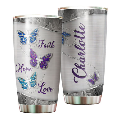 Camellia Personalized Butterfly Silver Faith Hope Love Cross Stainless Steel Tumbler - Double-Walled Insulation Vacumm Flask - For Thanksgiving, Memorial Day, Christians, Christmas Gift