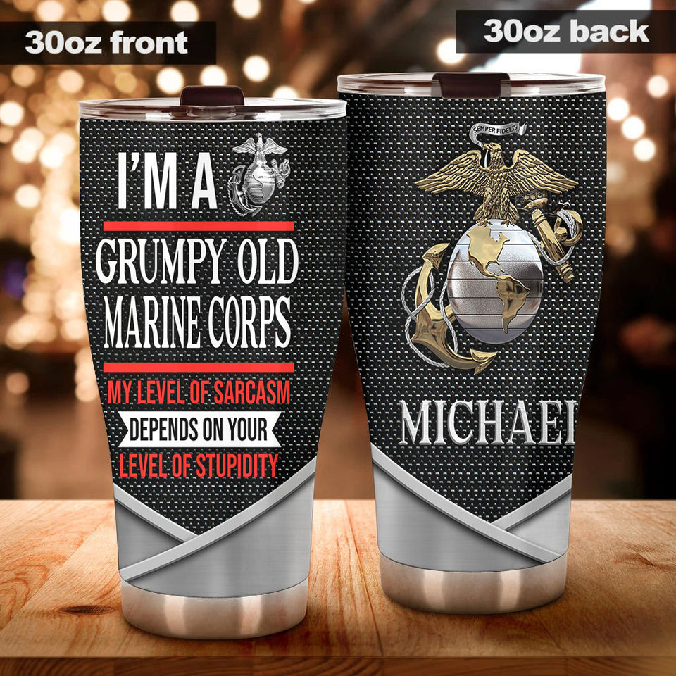 Camellia Personalized Im A Grumpy Old Marine Corps Stainless Steel Tumbler - Customized Double-Walled Insulation Travel Thermal Cup With Lid