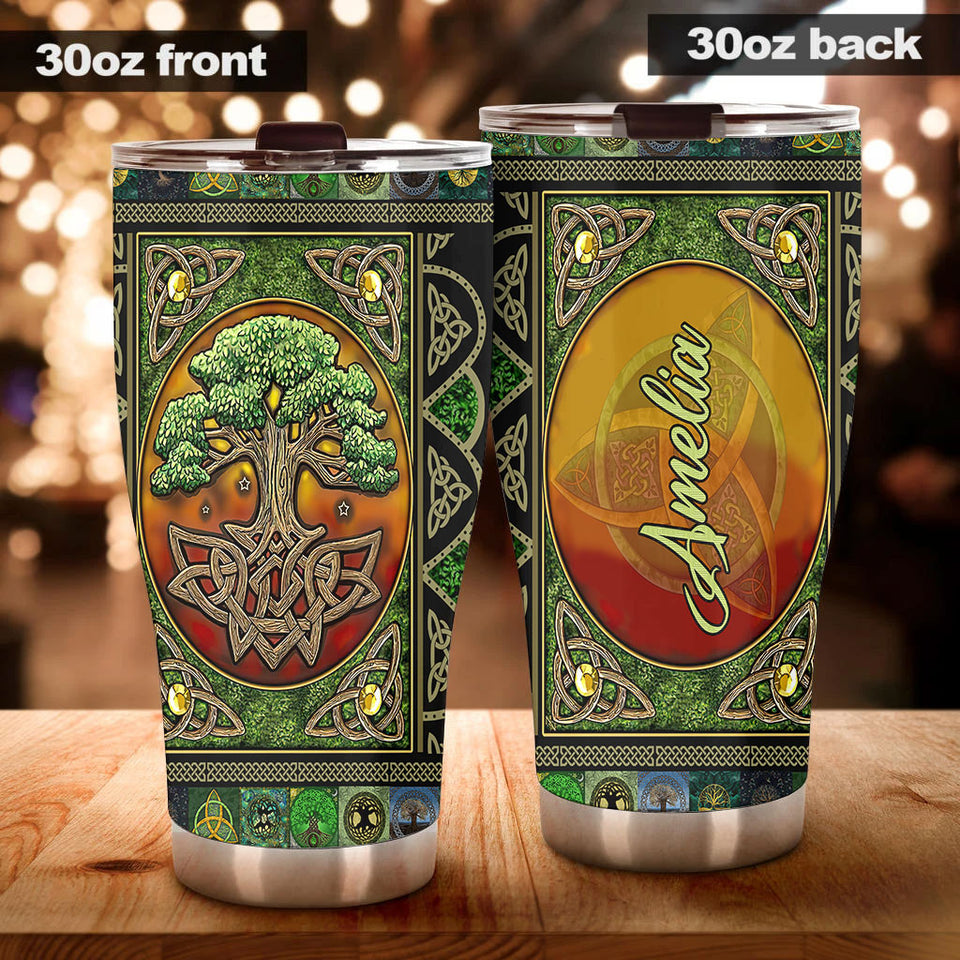 Camellia Personalized Tree Celtic Art Stainless Steel Tumbler - Customized Double-Walled Insulation Travel Thermal Cup With Lid