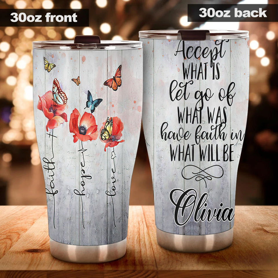 Camellia Personalized Butterfly Faith Hope Love White Stainless Steel Tumbler-Double-Walled Travel Therma Cup With Lid 02