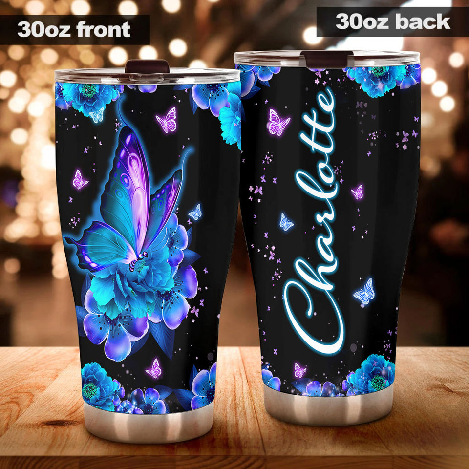 Camellia Personalized Butterfly Blue Flower Stainless Steel Tumbler - Double-Walled Insulation Vacumm Flask - For Thanksgiving, Memorial Day, Christians, Christmas Gift