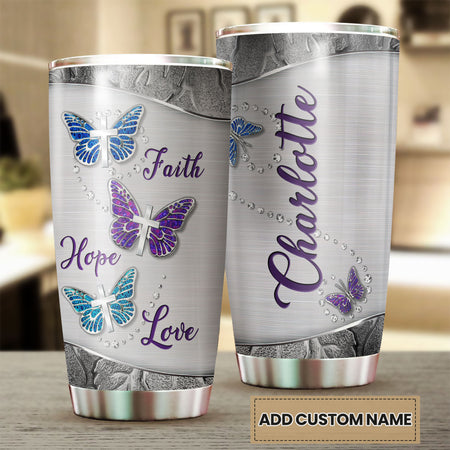 Camellia Personalized Butterfly Silver Faith Hope Love Cross Stainless Steel Tumbler - Double-Walled Insulation Vacumm Flask - For Thanksgiving, Memorial Day, Christians, Christmas Gift