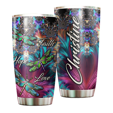 Camellia Personalized Dragonfly Faith Hope Love White Stainless Steel Tumbler-Double-Walled Travel Therma Cup With Lid