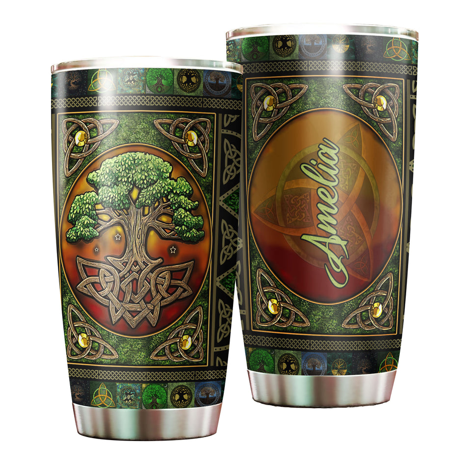 Camellia Personalized Tree Celtic Art Stainless Steel Tumbler - Customized Double-Walled Insulation Travel Thermal Cup With Lid