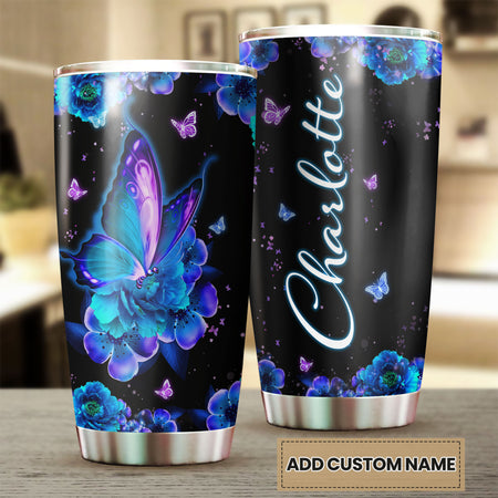 Camellia Personalized Butterfly Blue Flower Stainless Steel Tumbler - Double-Walled Insulation Vacumm Flask - For Thanksgiving, Memorial Day, Christians, Christmas Gift
