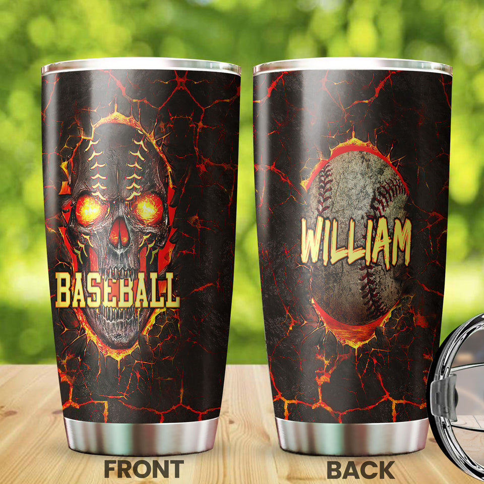 Camellia Persionalized Baseball Skull Stainless Steel Tumbler - Customized Double - Walled Insulation Travel Thermal Cup With Lid Gift For Baseball Lover