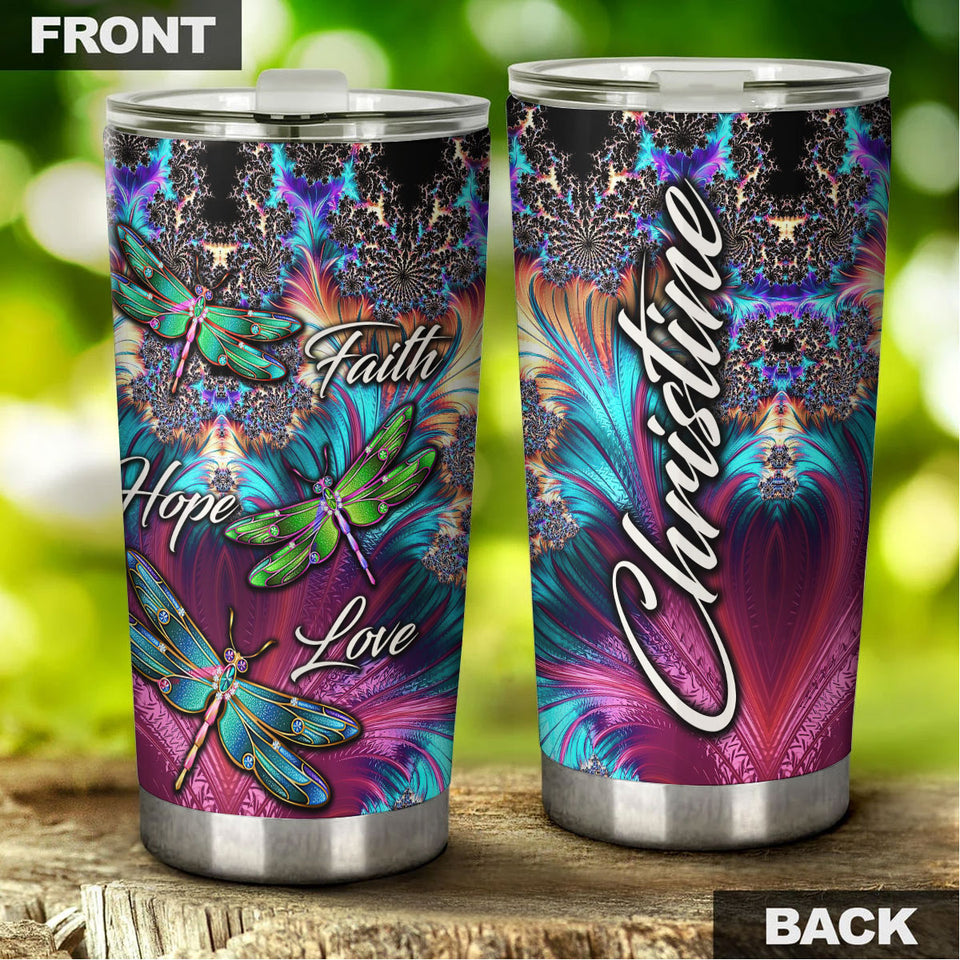 Camellia Personalized Dragonfly Faith Hope Love White Stainless Steel Tumbler-Double-Walled Travel Therma Cup With Lid